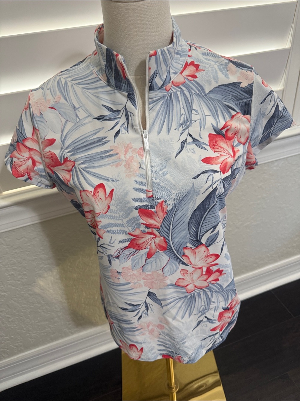 Tommy Bahama Coral & Blue Golf Tennis Tropical Zip Polo